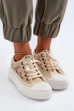 Trampki Damskie Niskie></noscript>Lee Cooper Koronkowe Trampki Damskie LCW-23-44-1620 Beżowe Beżowy
