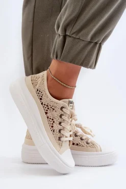 Trampki Damskie Niskie></noscript>Lee Cooper Koronkowe Trampki Damskie LCW-23-44-1620 Beżowe Beżowy