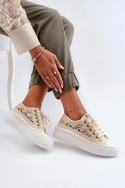 Trampki Damskie Niskie></noscript>Lee Cooper Koronkowe Trampki Damskie LCW-23-44-1620 Beżowe Beżowy