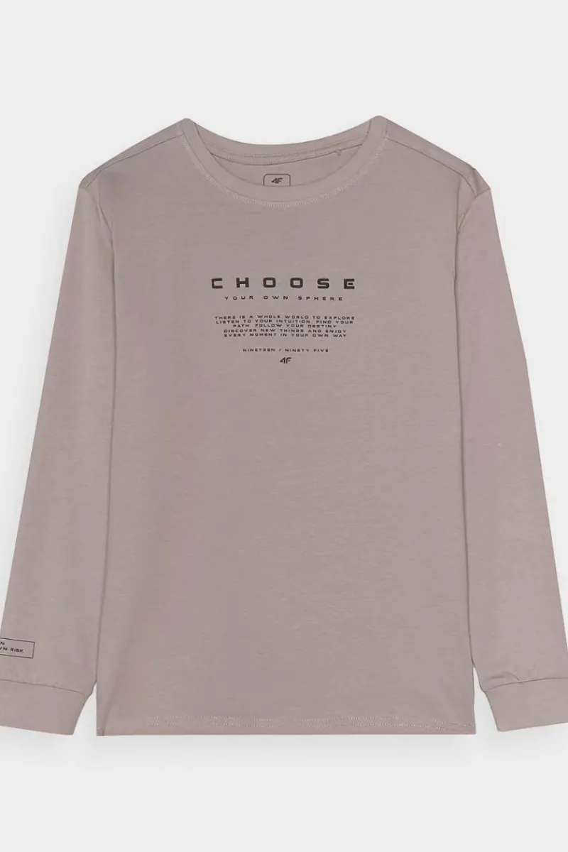 T-Shirty Dziecięce|Odzież 4F>4F Koszulka Z Długim Rękawem Dla Chłopca Z Nadrukiem Regular JWAW24TLONM294-26S Szara Szary