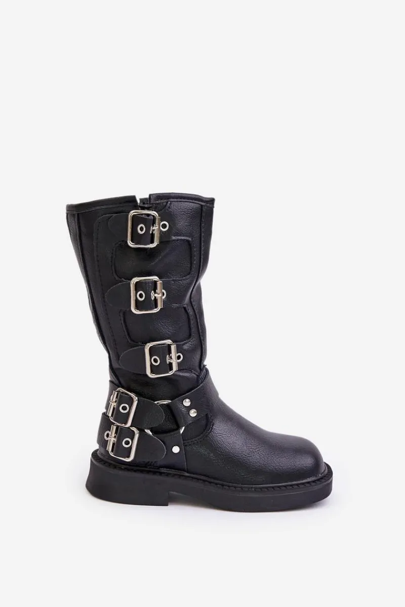 Dziewczęce>Boto Kozaki Botki Dziewczęce Z Klamrami Eko Skórzane Czarne Rinetha