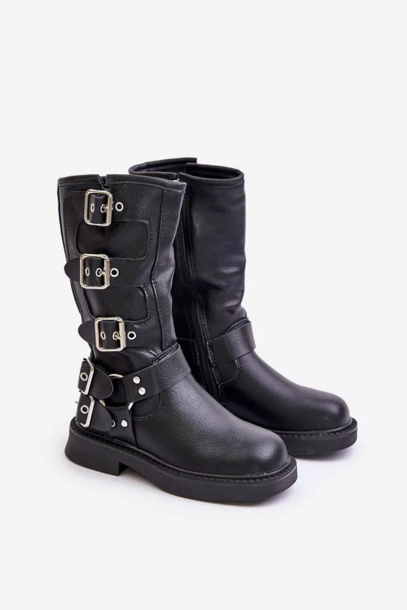 Dziewczęce>Boto Kozaki Botki Dziewczęce Z Klamrami Eko Skórzane Czarne Rinetha