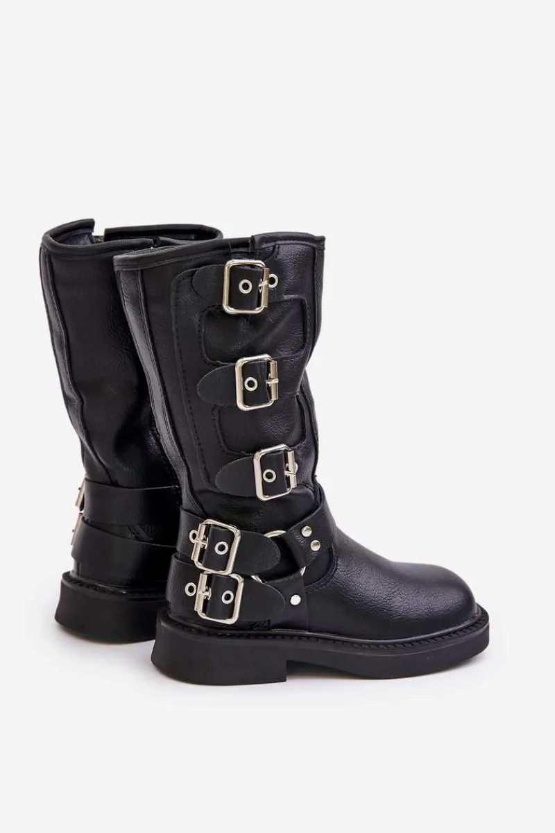 Dziewczęce>Boto Kozaki Botki Dziewczęce Z Klamrami Eko Skórzane Czarne Rinetha