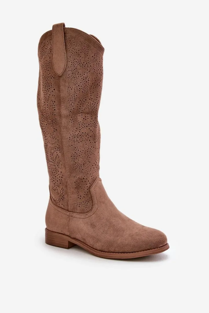 Kozaki Ażurowe|Kozaki Płaskie>Damskie buty S.Barski Kozaki Damskie Ażurowe Brązowe S.Barski HY42-132