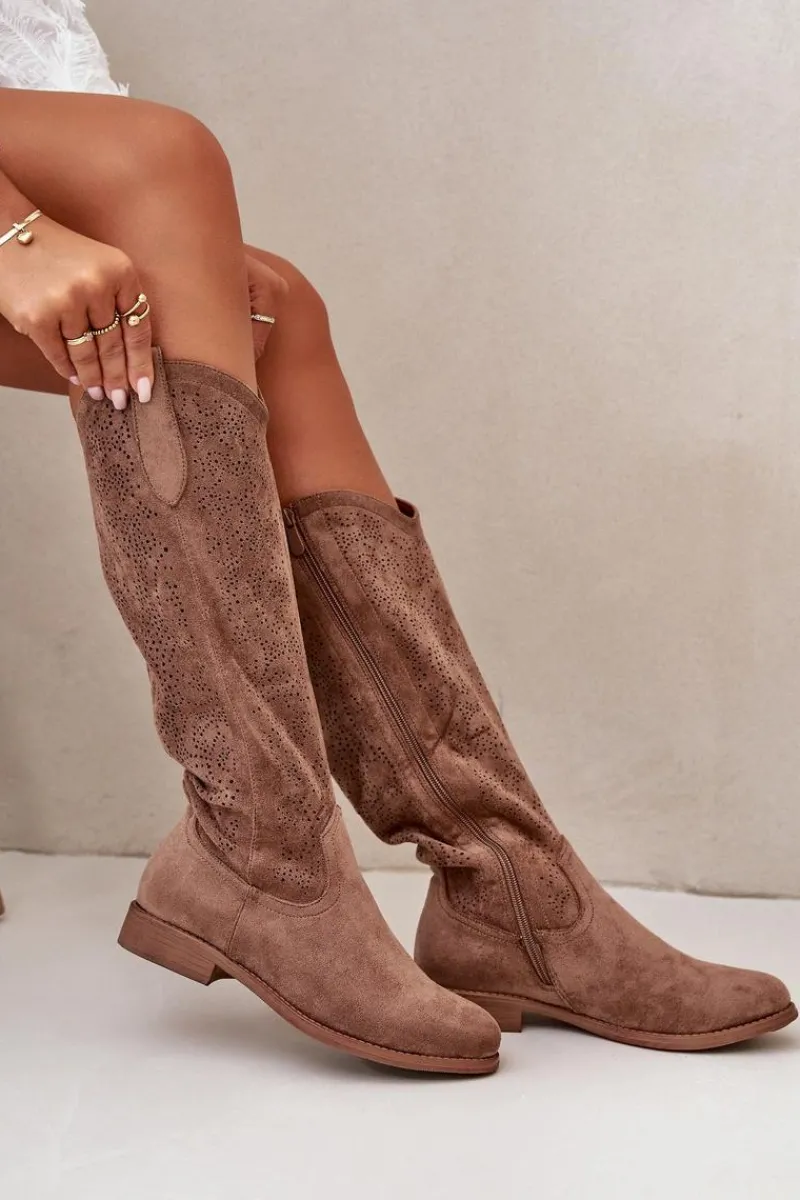 Kozaki Ażurowe|Kozaki Płaskie>Damskie buty S.Barski Kozaki Damskie Ażurowe Brązowe S.Barski HY42-132