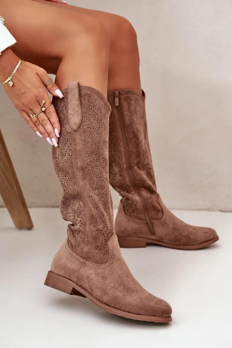 Kozaki Ażurowe|Kozaki Płaskie>Damskie buty S.Barski Kozaki Damskie Ażurowe Brązowe S.Barski HY42-132