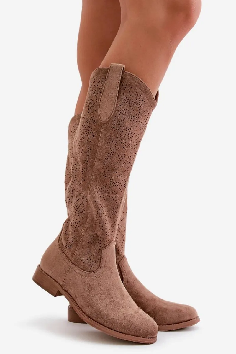 Kozaki Ażurowe|Kozaki Płaskie>Damskie buty S.Barski Kozaki Damskie Ażurowe Brązowe S.Barski HY42-132