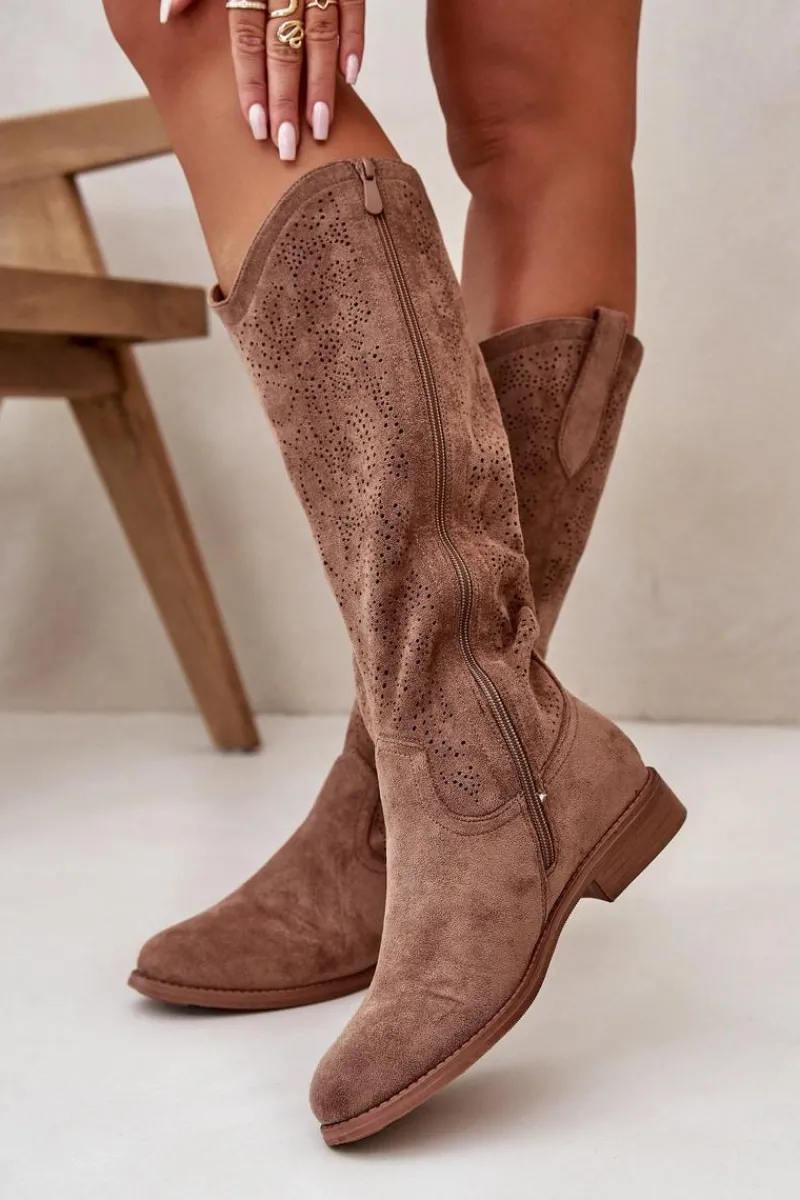 Kozaki Ażurowe|Kozaki Płaskie>Damskie buty S.Barski Kozaki Damskie Ażurowe Brązowe S.Barski HY42-132