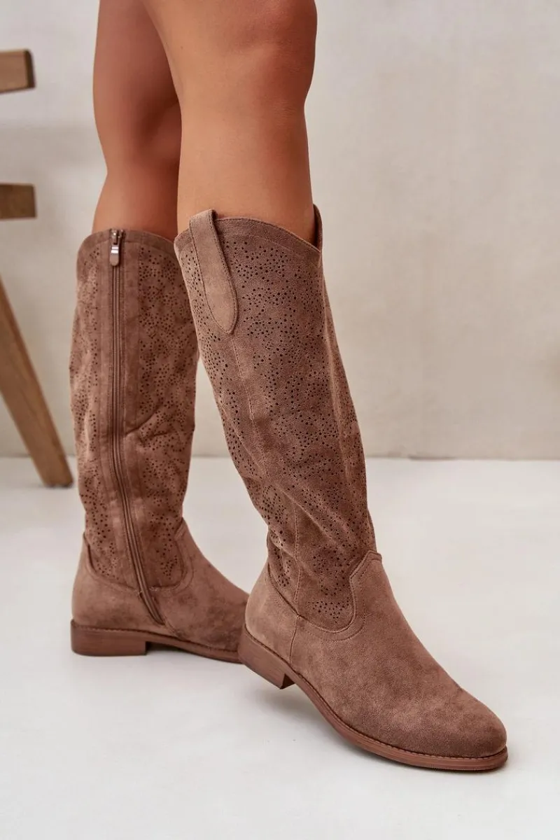 Kozaki Ażurowe|Kozaki Płaskie>Damskie buty S.Barski Kozaki Damskie Ażurowe Brązowe S.Barski HY42-132