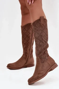 Outlet Damskie buty S.Barski Kozaki Damskie Ażurowe Na Płaskim Obcasie S.Barski HY52-534 Brązowe Brązowy