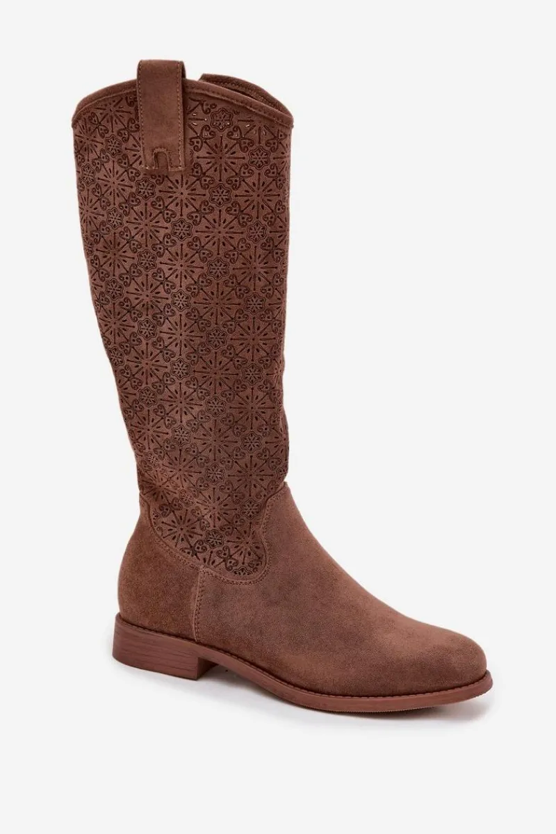 Outlet Damskie buty S.Barski Kozaki Damskie Ażurowe Na Płaskim Obcasie S.Barski HY52-534 Brązowe Brązowy