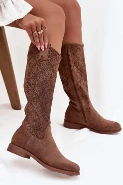 Outlet Damskie buty S.Barski Kozaki Damskie Ażurowe Na Płaskim Obcasie S.Barski HY52-534 Brązowe Brązowy