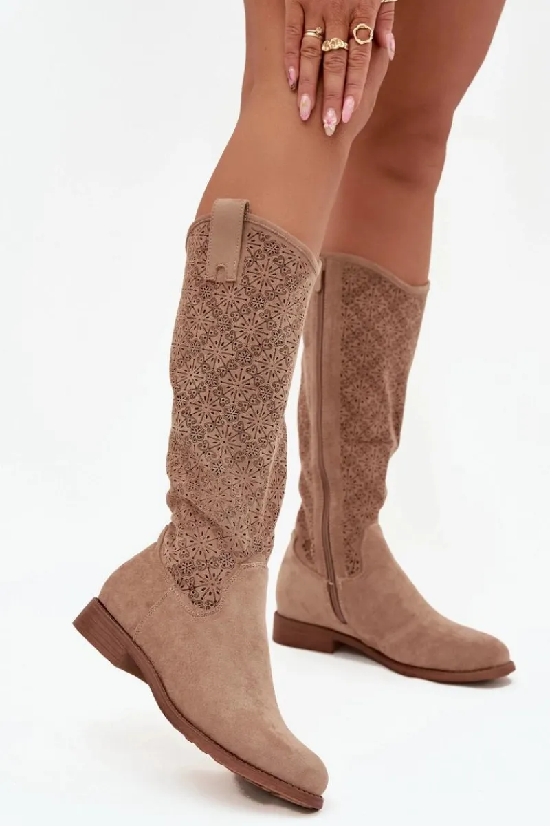 Kozaki Ażurowe|Kozaki Płaskie>Damskie buty S.Barski Kozaki Damskie Ażurowe Na Płaskim Obcasie S.Barski HY52-534 Beżowe Beżowy