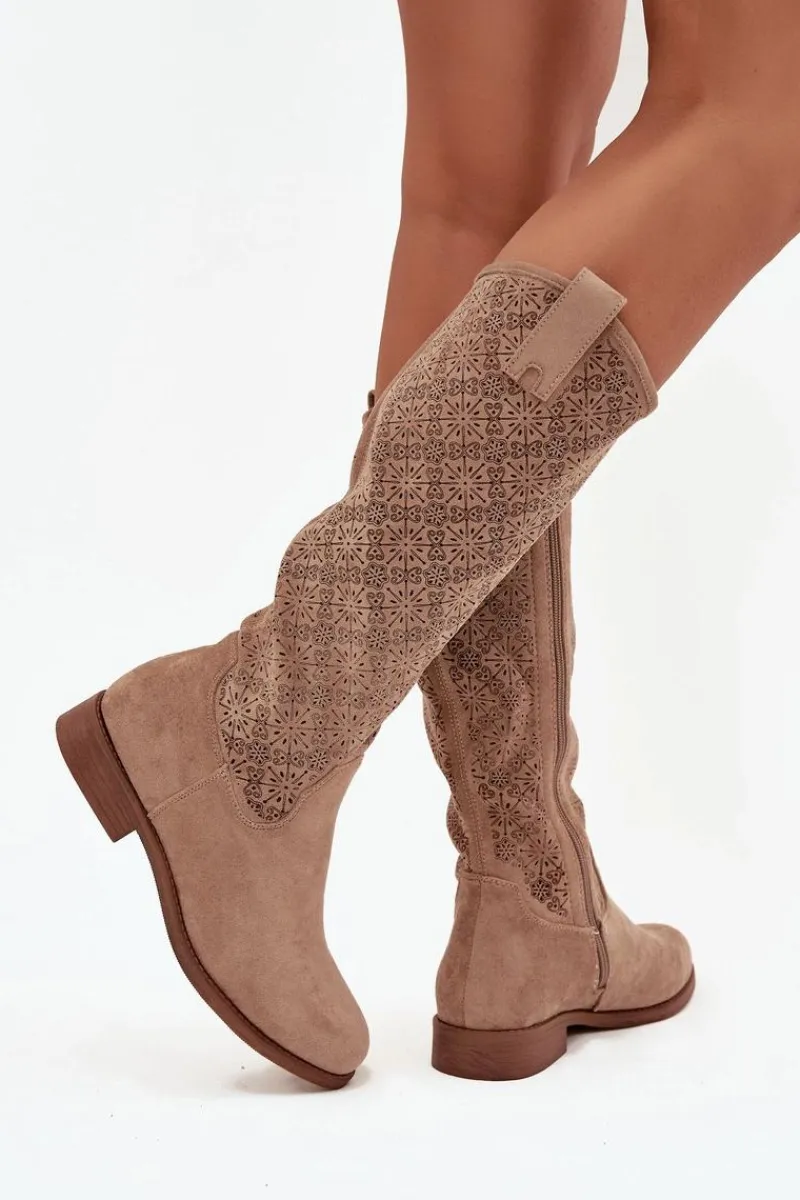 Kozaki Ażurowe|Kozaki Płaskie>Damskie buty S.Barski Kozaki Damskie Ażurowe Na Płaskim Obcasie S.Barski HY52-534 Beżowe Beżowy