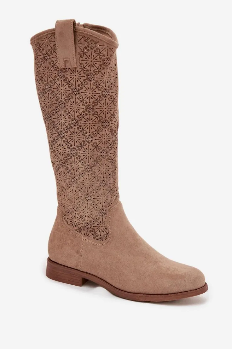 Kozaki Ażurowe|Kozaki Płaskie>Damskie buty S.Barski Kozaki Damskie Ażurowe Na Płaskim Obcasie S.Barski HY52-534 Beżowe Beżowy