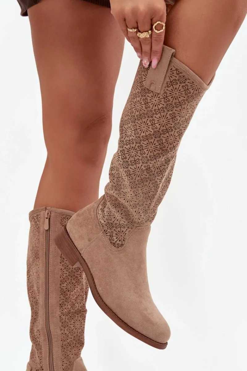 Kozaki Ażurowe|Kozaki Płaskie>Damskie buty S.Barski Kozaki Damskie Ażurowe Na Płaskim Obcasie S.Barski HY52-534 Beżowe Beżowy