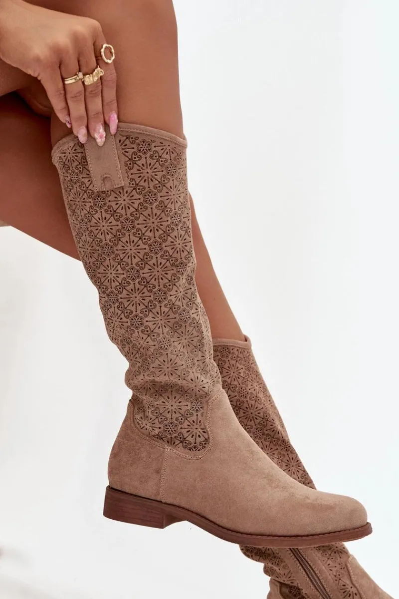 Kozaki Ażurowe|Kozaki Płaskie>Damskie buty S.Barski Kozaki Damskie Ażurowe Na Płaskim Obcasie S.Barski HY52-534 Beżowe Beżowy