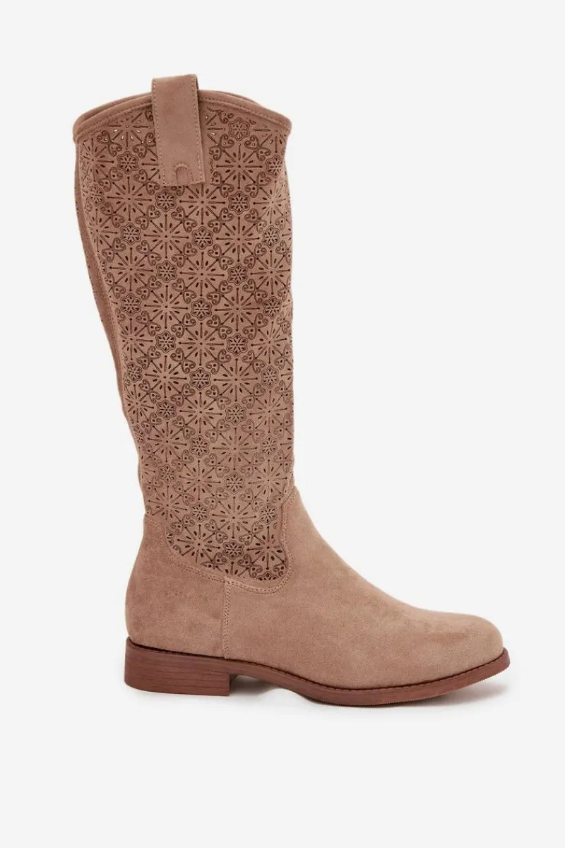 Kozaki Ażurowe|Kozaki Płaskie>Damskie buty S.Barski Kozaki Damskie Ażurowe Na Płaskim Obcasie S.Barski HY52-534 Beżowe Beżowy