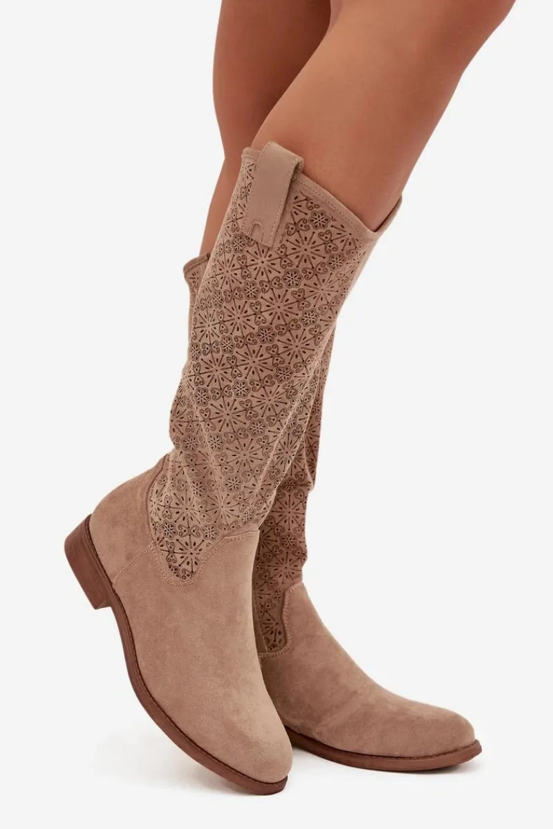 Kozaki Ażurowe|Kozaki Płaskie>Damskie buty S.Barski Kozaki Damskie Ażurowe Na Płaskim Obcasie S.Barski HY52-534 Beżowe Beżowy