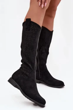 Kozaki Płaskie|Kozaki Przed Kolano>Damskie buty S.Barski Kozaki Damskie Ażurowe Na Płaskim Obcasie S.Barski HY52-534 Czarne Czarny