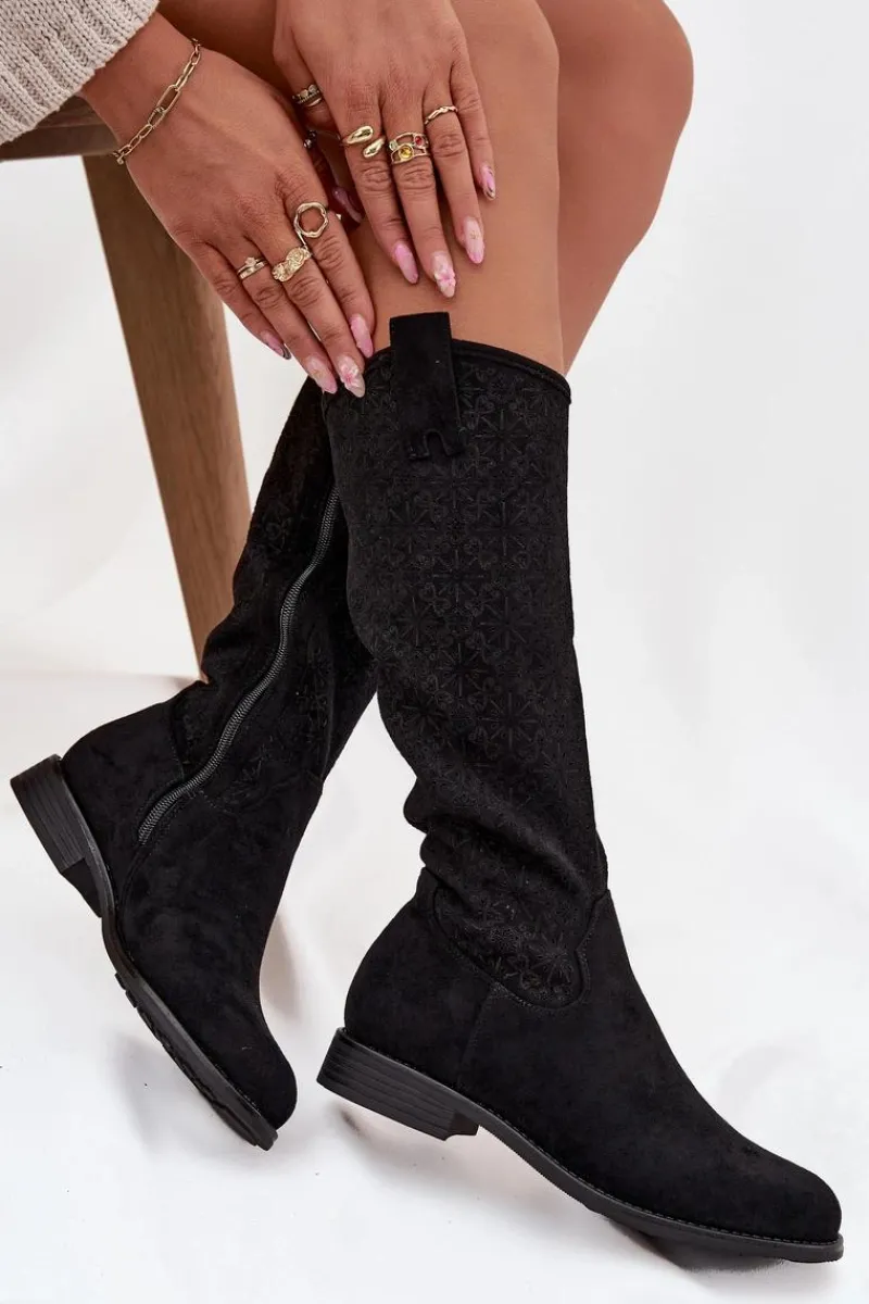 Kozaki Płaskie|Kozaki Przed Kolano>Damskie buty S.Barski Kozaki Damskie Ażurowe Na Płaskim Obcasie S.Barski HY52-534 Czarne Czarny