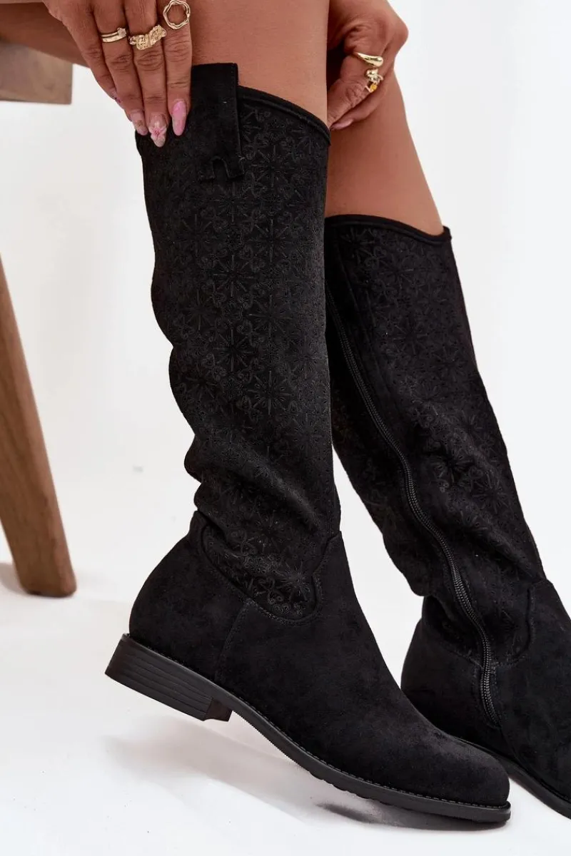 Kozaki Płaskie|Kozaki Przed Kolano>Damskie buty S.Barski Kozaki Damskie Ażurowe Na Płaskim Obcasie S.Barski HY52-534 Czarne Czarny