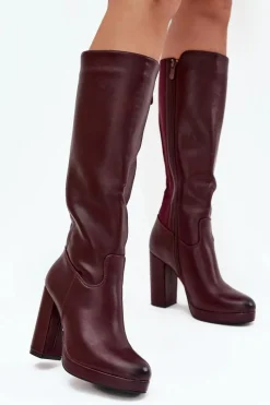 Kozaki Ocieplane|Kozaki Na Słupku>Boto Kozaki Damskie Do Kolana Na Słupku Eko Skórzane Bordowe Thalina Czerwony
