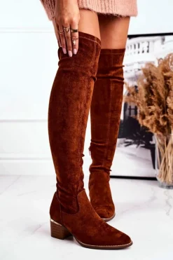 Kozaki Wiosenne|Kozaki Na Obcasie>Boto Kozaki Damskie Do Kolana Eko-Zamsz Camel Indigo