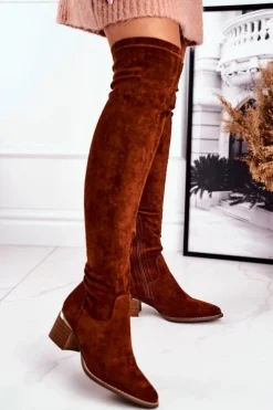 Kozaki Wiosenne|Kozaki Na Obcasie></noscript>Boto Kozaki Damskie Do Kolana Eko-Zamsz Camel Indigo