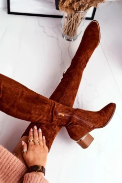 Kozaki Wiosenne|Kozaki Na Obcasie></noscript>Boto Kozaki Damskie Do Kolana Eko-Zamsz Camel Indigo