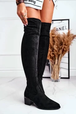 Kozaki Damskie Do Kolana Eko-Zamsz Czarne Indigo Damskie Kozaki Wiosenne|Kozaki Na Obcasie