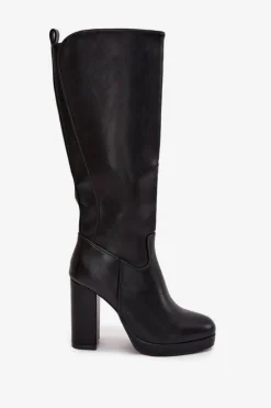 Discount Kozaki Damskie Do Kolana Na Słupku Eko Skórzane Czarne Thalina Damskie Kozaki Ocieplane|Kozaki Na Słupku