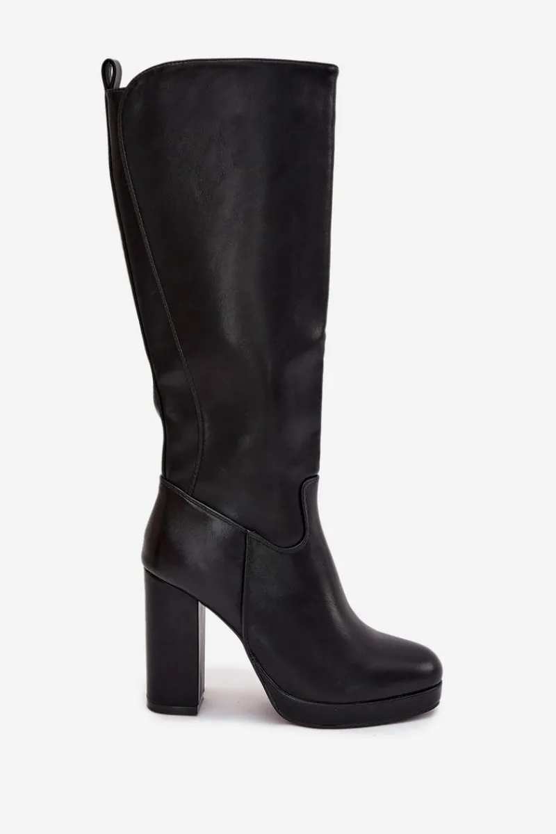 Discount Kozaki Damskie Do Kolana Na Słupku Eko Skórzane Czarne Thalina Damskie Kozaki Ocieplane|Kozaki Na Słupku