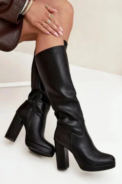 Discount Kozaki Damskie Do Kolana Na Słupku Eko Skórzane Czarne Thalina Damskie Kozaki Ocieplane|Kozaki Na Słupku