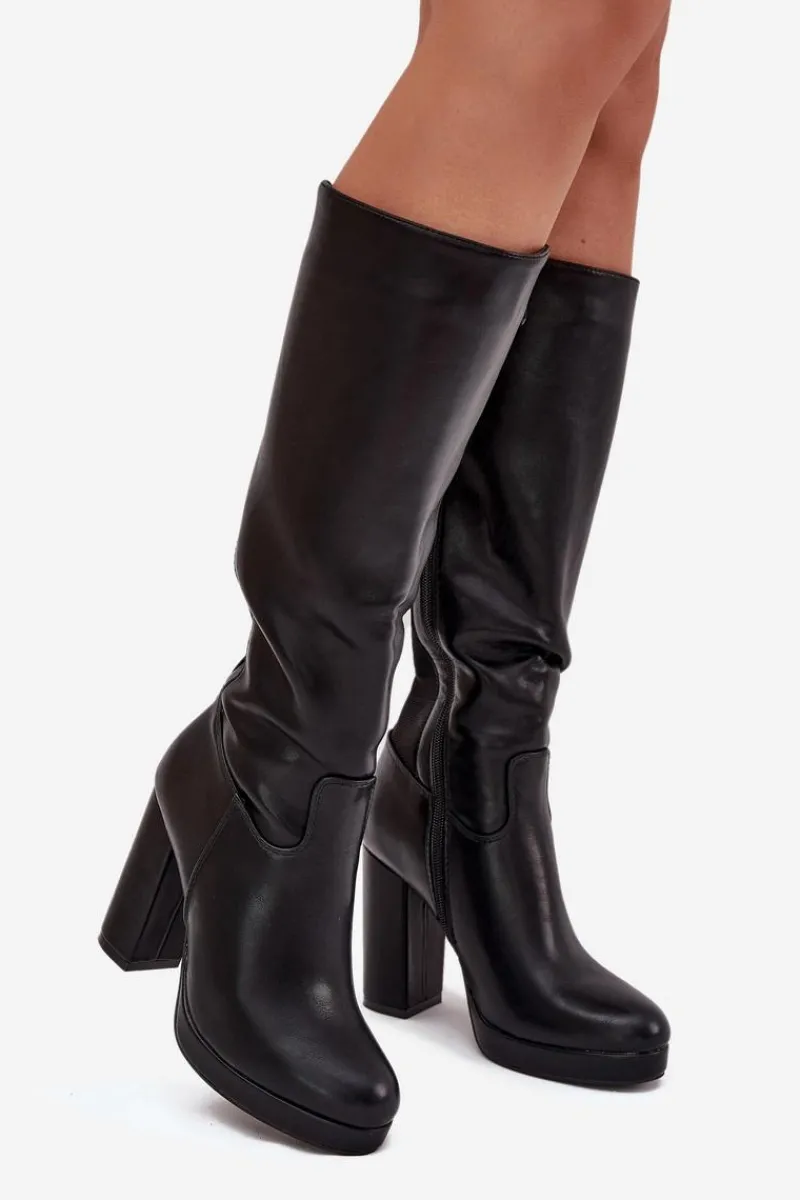 Discount Kozaki Damskie Do Kolana Na Słupku Eko Skórzane Czarne Thalina Damskie Kozaki Ocieplane|Kozaki Na Słupku