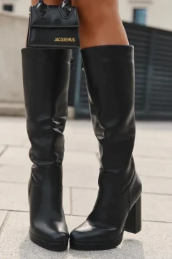 Discount Kozaki Damskie Do Kolana Na Słupku Eko Skórzane Czarne Thalina Damskie Kozaki Ocieplane|Kozaki Na Słupku