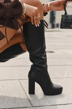 Discount Kozaki Damskie Do Kolana Na Słupku Eko Skórzane Czarne Thalina Damskie Kozaki Ocieplane|Kozaki Na Słupku