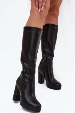 Discount Kozaki Damskie Do Kolana Na Słupku Eko Skórzane Czarne Thalina Damskie Kozaki Ocieplane|Kozaki Na Słupku