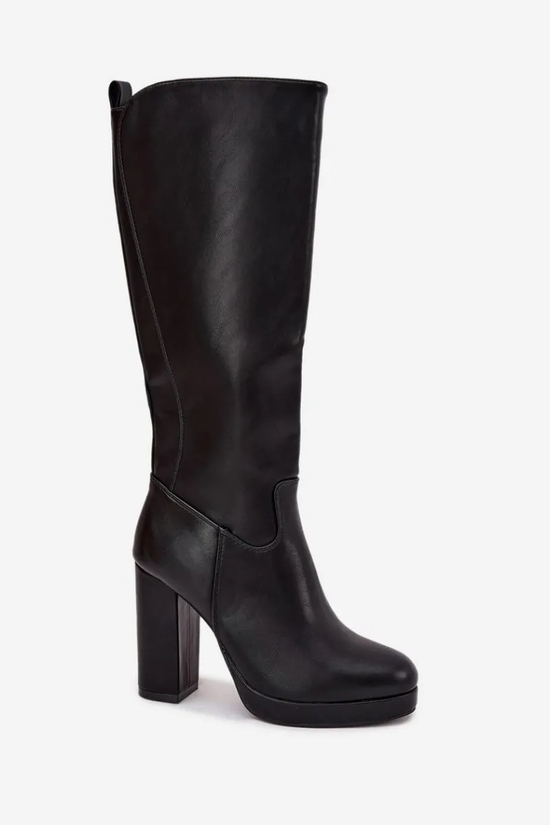 Discount Kozaki Damskie Do Kolana Na Słupku Eko Skórzane Czarne Thalina Damskie Kozaki Ocieplane|Kozaki Na Słupku