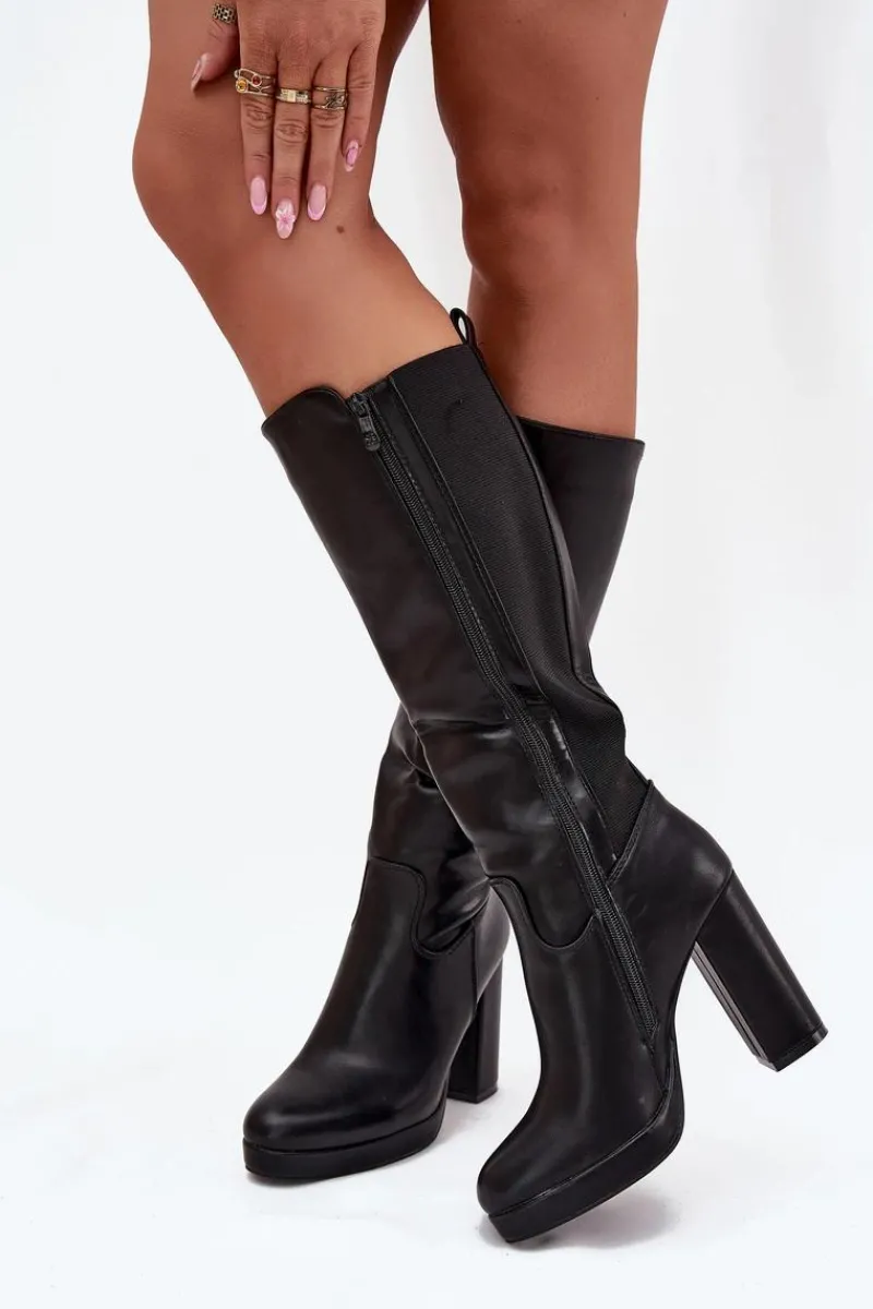 Discount Kozaki Damskie Do Kolana Na Słupku Eko Skórzane Czarne Thalina Damskie Kozaki Ocieplane|Kozaki Na Słupku