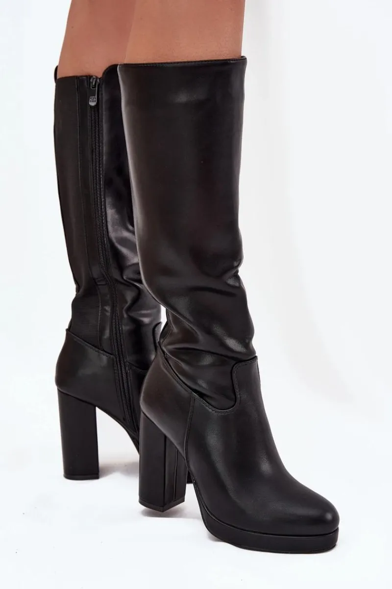 Discount Kozaki Damskie Do Kolana Na Słupku Eko Skórzane Czarne Thalina Damskie Kozaki Ocieplane|Kozaki Na Słupku