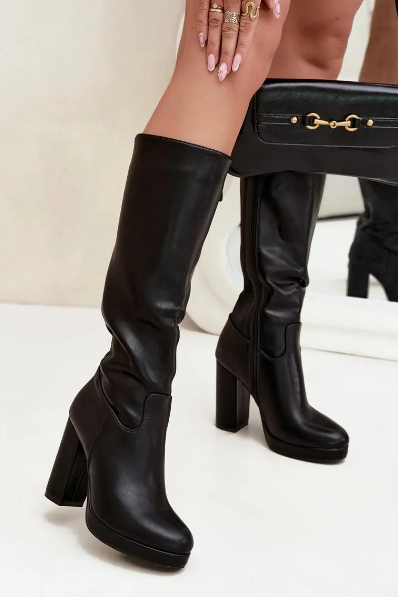 Discount Kozaki Damskie Do Kolana Na Słupku Eko Skórzane Czarne Thalina Damskie Kozaki Ocieplane|Kozaki Na Słupku