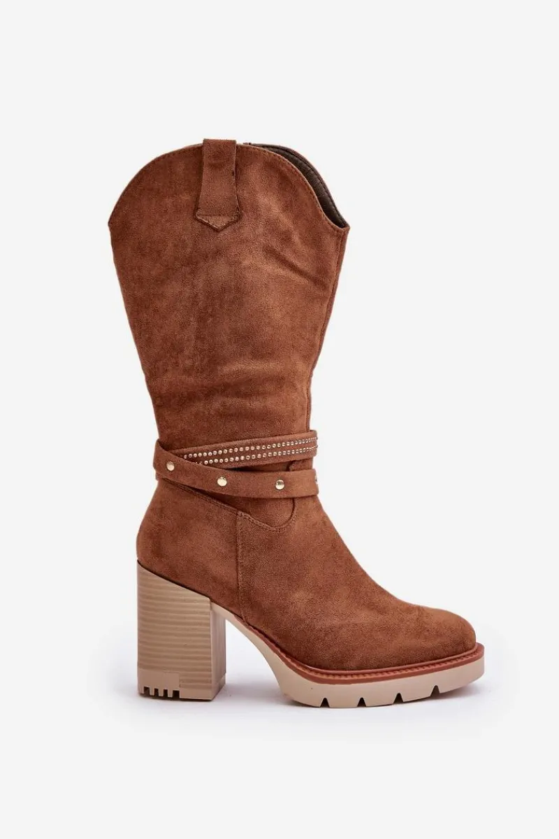 Kozaki Ocieplane|Kozaki Na Słupku>Boto Kozaki Damskie Do Połowy Łydki Na Słupku Ocieplane Camel Ivanelis Brązowy