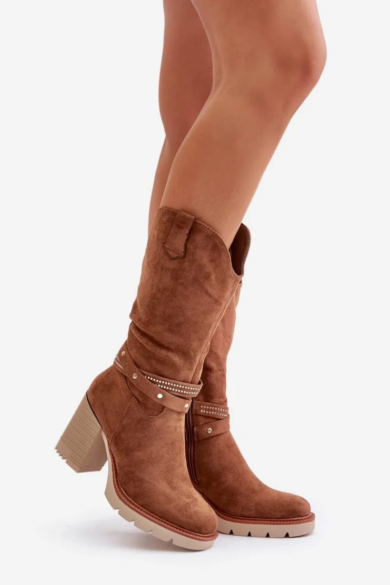 Kozaki Ocieplane|Kozaki Na Słupku>Boto Kozaki Damskie Do Połowy Łydki Na Słupku Ocieplane Camel Ivanelis Brązowy