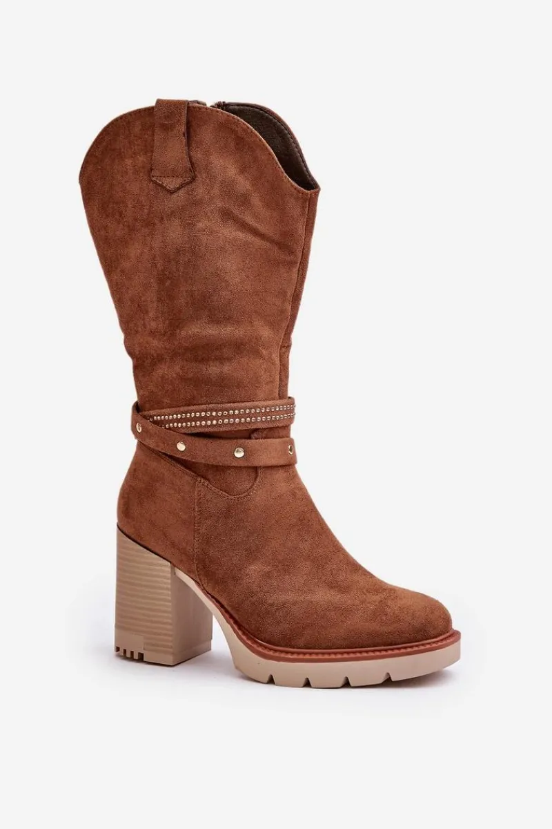 Kozaki Ocieplane|Kozaki Na Słupku>Boto Kozaki Damskie Do Połowy Łydki Na Słupku Ocieplane Camel Ivanelis Brązowy