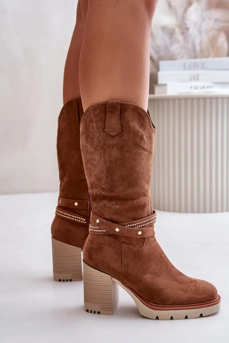 Kozaki Ocieplane|Kozaki Na Słupku>Boto Kozaki Damskie Do Połowy Łydki Na Słupku Ocieplane Camel Ivanelis Brązowy