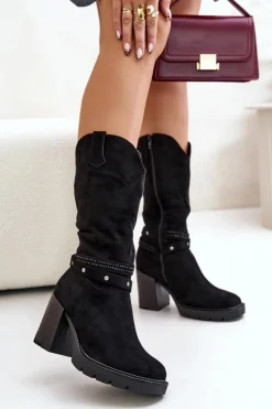 Best Kozaki Damskie Do Połowy Łydki Na Słupku Ocieplane Czarne Ivanelis Damskie Kozaki Ocieplane|Kozaki Na Słupku