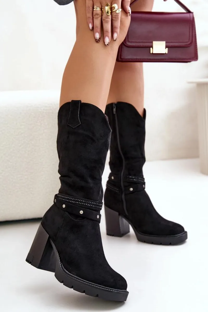 Best Kozaki Damskie Do Połowy Łydki Na Słupku Ocieplane Czarne Ivanelis Damskie Kozaki Ocieplane|Kozaki Na Słupku