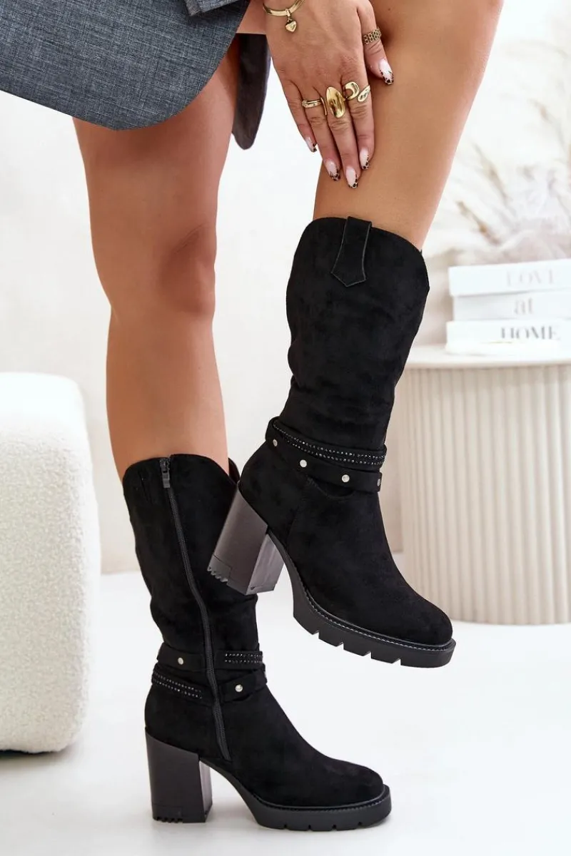 Best Kozaki Damskie Do Połowy Łydki Na Słupku Ocieplane Czarne Ivanelis Damskie Kozaki Ocieplane|Kozaki Na Słupku