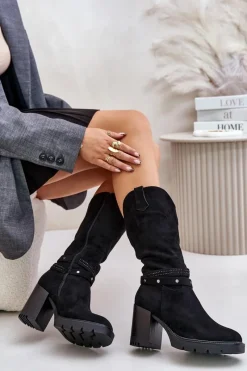 Best Kozaki Damskie Do Połowy Łydki Na Słupku Ocieplane Czarne Ivanelis Damskie Kozaki Ocieplane|Kozaki Na Słupku